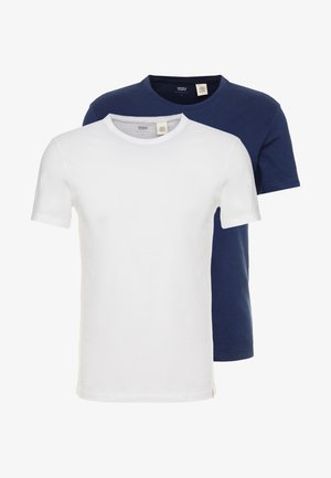 Two short-sleeve t-shirts: one white, one navy blue. Both made from soft cotton, featuring a crew neck and plain design without patterns.