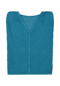 Top de punto en verde azulado con escote en V profundo, mangas cortas abullonadas y cierre de botones en el frente. Presenta un tejido texturizado y con patrón en toda su superficie.