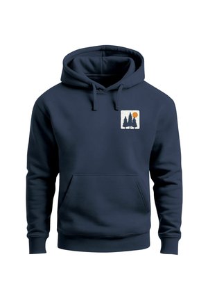 Navy blue hoodie made of cotton with a front pouch pocket. Features a graphic of trees and a sun in a square outline on the chest.