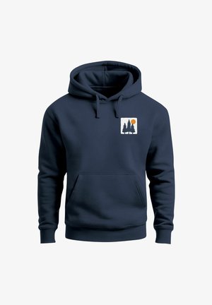 Navy blue hoodie made of cotton with a front pouch pocket. Features a graphic of trees and a sun in a square outline on the chest.