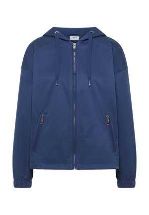 Veste à capuche zippée bleu marine avec cordons de serrage, poches avant zippées, poignets élastiques et étiquette "CECIL" sur le col.