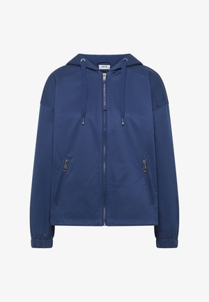 Veste à capuche zippée bleu marine avec cordons de serrage, poches avant zippées, poignets élastiques et étiquette "CECIL" sur le col.