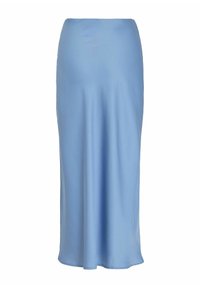 Jupe midi en satin bleu clair avec une texture lisse et une légère évasement à l’ourlet, présentée sur fond blanc.