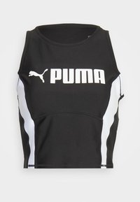 Czarny sportowy crop top z okrągłym dekoltem, białymi panelami bocznymi i wyraźnym białym logo "PUMA" z przodu.