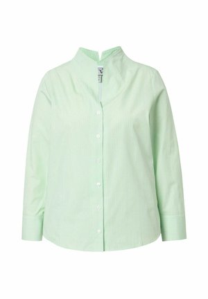 Chemise rayée vert clair avec col mandarin, manches longues et fermeture à boutons. Présente des boutons blancs et un ourlet arrondi. En matière coton.