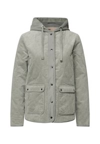 Light gray quilted jacket with a ribbed texture, front snap closure, two front pockets, and a hood with drawstrings.