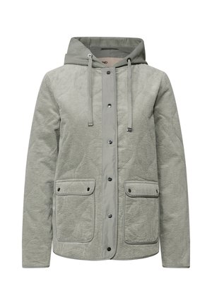 Hellgraue, gesteppte Jacke mit gerippter Textur, vorderem Druckknopfverschluss, zwei Fronttaschen und Kapuze mit Kordelzügen.
