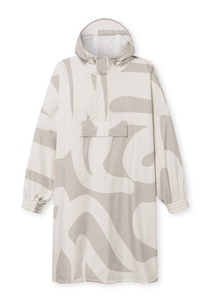 Giacca a pioggia oversize beige e crema con motivo astratto, cappuccio regolabile, polsini elastici e tasca frontale. Tessuto leggero e liscio.