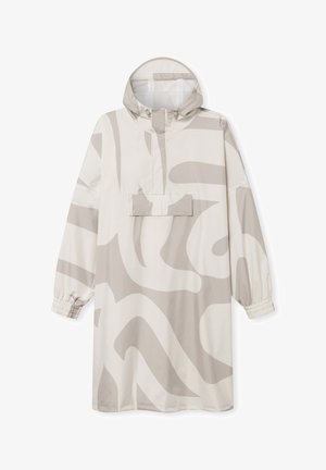 Beżowa i kremowa, oversize'owa kurtka przeciwdeszczowa z abstrakcyjnym wzorem, regulowanym kapturem, elastycznymi mankietami i kieszenią z przodu. Gładki, lekki materiał.