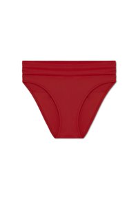 Rote Bikini-Hose aus glattem, dehnbarem Material. Verfügt über gesammeltes Elastikband am Bund und bietet moderate Abdeckung mit klassischer Form.