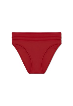 Red bikini bottom with a smooth, stretchy fabric. Features gathered elastic at the waist and moderate coverage with a classic shape.