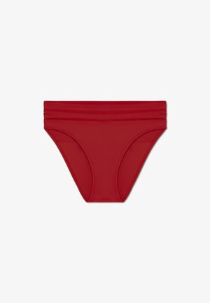 Red bikini bottom with a smooth, stretchy fabric. Features gathered elastic at the waist and moderate coverage with a classic shape.