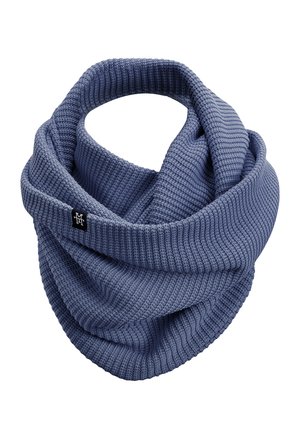 Blauer, gestrickter Infinity-Schal mit einem strukturierten Rippmuster und einem gefalteten Rand. Mit einem kleinen schwarzen Markenlabel. Weiches Material.