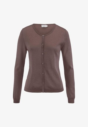 Braune Damen-Strickjacke mit langen Ärmeln, Knopfleiste, rundem Ausschnitt sowie gerippten Bündchen und Saum.