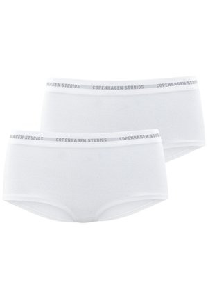 Two pairs of white cotton briefs featuring a ribbed texture and a grey "Copenhagen Studios" logo waistband. Classic, low-rise design.
