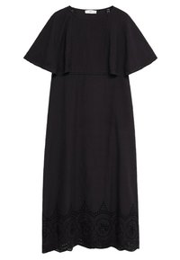 Schwarzes Kleid mit einem lässigen, schwingenden kurzen Ärmeldesign, aufwendigen Ausschnitten am Saum und einer lockeren Silhouette für Komfort.