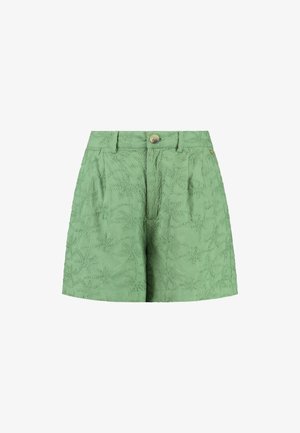 Roheline tikandiga lühikesed püksid, millel on struktureeritud lillemuster, esiosa nupuga ja kaks küljetaskut, mõeldud mugavaks istuvuseks.