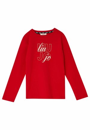 Rode lange mouwen shirt met ronde hals, met "liu jo" tekst in witte omlijnde en cursieve letters aan de voorkant.
