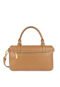 Borsa a mano in pelle tan con un design strutturato, manico superiore e tracolla staccabile. Presenta una tasca frontale con zip e cuciture a contrasto.