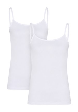 Twee effen witte damestanktops met dunne schouderbandjes, getoond op een witte achtergrond.