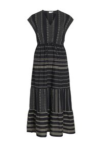 Abito maxi in tessuto nero con scollo a V, maniche a cappuccio, cintura da annodare in vita e design a strati con motivi geometrici dorati e bianchi.