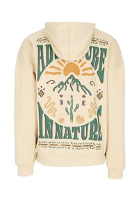 Beige Kapuzenpullover mit großem grafischen Druck auf der Rückseite, der Berge, eine Sonne und den Text "ABENTEUER IN DER NATUR" in grünen und braunen Farbtönen zeigt.