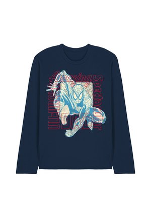 Dark blue long-sleeve shirt with a vintage-style Spider-Man graphic and red text reading "Amazing Spectacular Ultimate Dad" on the front.