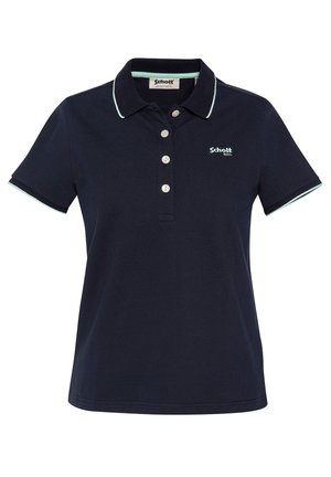 Polo navy de algodón con cuello acanalado, tapeta de botones y detalles en verde menta contrastante en el cuello y las mangas.