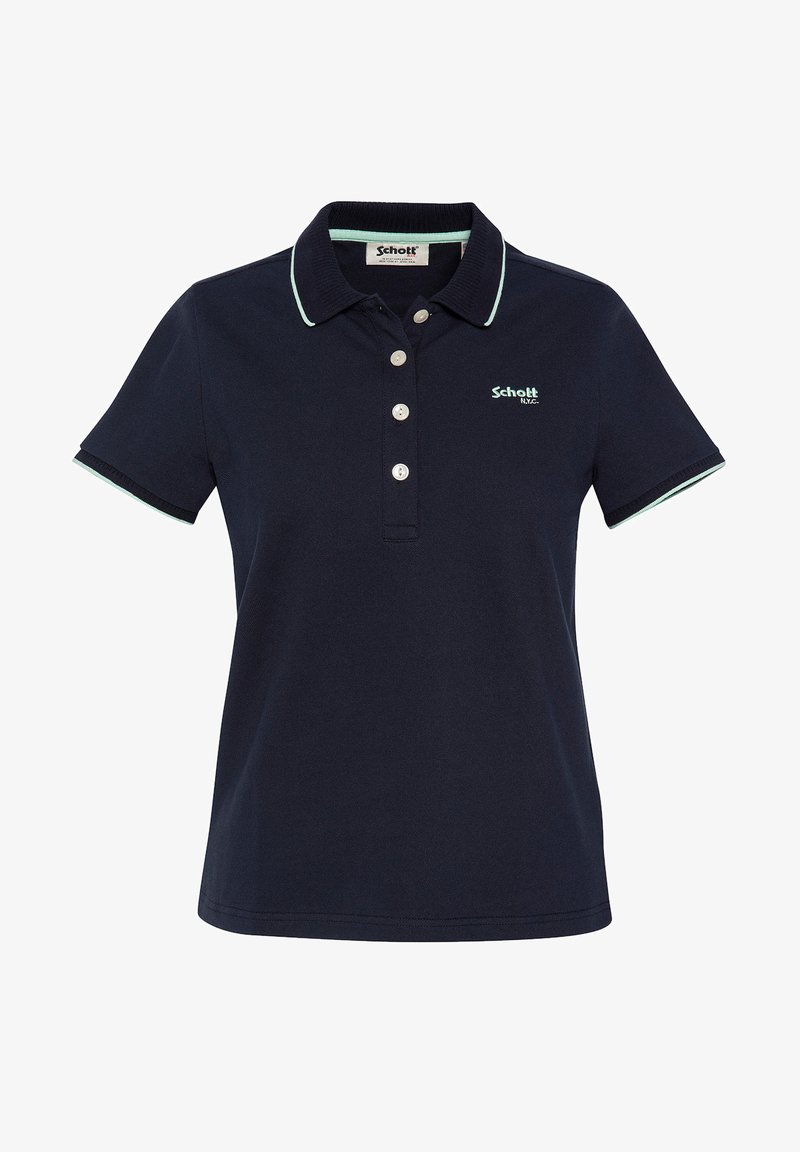 Polo-shirt marin en coton avec un col en côtes, une patte de boutonnage et des finitions contrastantes en vert menthe sur le col et les manches.