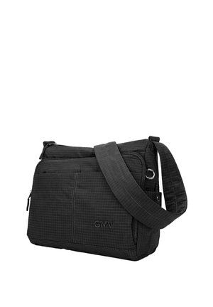 Sac à bandoulière noir avec plusieurs compartiments zippés, une large sangle réglable et une texture subtile à motif à carreaux.