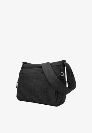 Zwarte crossbodytas met meerdere vakken met rits, een brede verstelbare band en een subtiele geruite textuur.