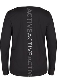 Zwarte longsleeve shirt met een ronde halslijn. Kenmerkt zich door verticale witte tekst "ACTIVE" op de achterkant. Gemaakt van een zachte, rekbare stof.