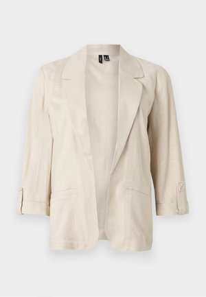 Blazer beige chiaro con apertura frontale, revers a intaglio, maniche a tre quarti con patte con bottoni e due tasche frontali.