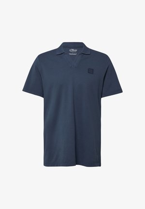 Marineblaues kurzärmeliges Poloshirt mit V-Ausschnitt und kleinem gesticktem quadratischem Logo auf der Brust.