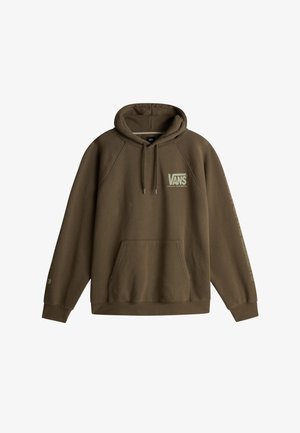 Sweat à capuche Vans marron avec poche avant, capuche à cordon, logo Vans et texte "Made for the Elements" sur la poitrine et la manche.