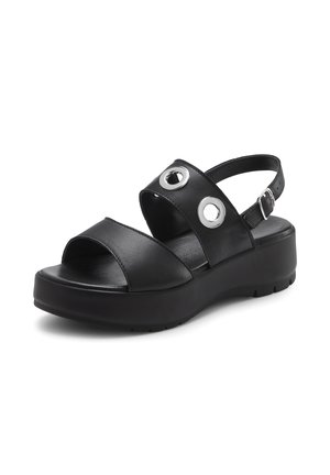 Black platform sandal with two wide straps, silver eyelet details, an adjustable buckle heel strap, and a thick grooved sole.