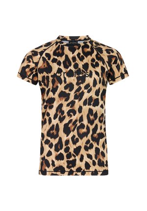 Kurzärmliges Hemd mit Leopardenmuster in Beige, Dunkelbraun und Schwarz und kleinem schwarzen Text, der nahe der Brustmitte positioniert ist.