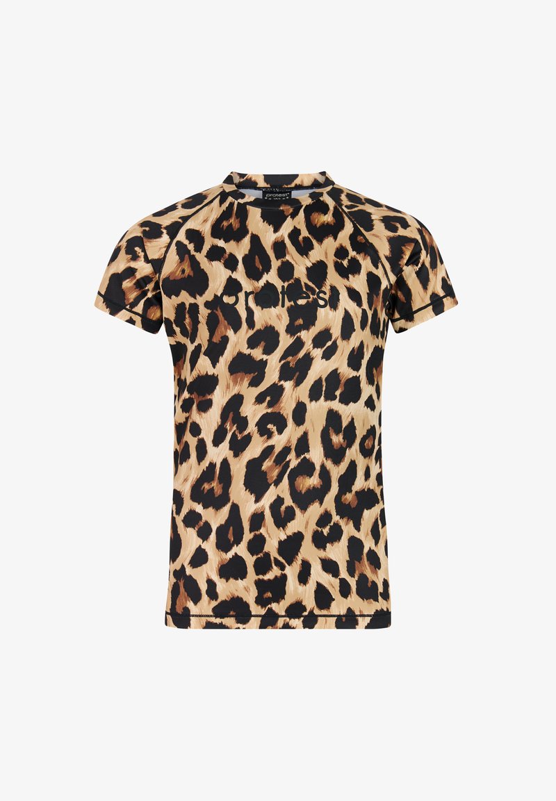 Chemise à manches courtes avec un motif léopard en tons beige, brun foncé et noir, et un petit texte noir centré près de la poitrine.