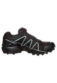 Zapatilla de trail running negra con parte superior de malla texturizada, acentos azules y suela de goma agresiva para tracción. Cuenta con un diseño de ajuste seguro.