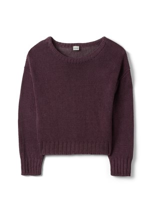 Suéter de manga larga tejido en color púrpura oscuro con cuello redondo y puños y dobladillo acanalados, mostrado sobre un fondo blanco.