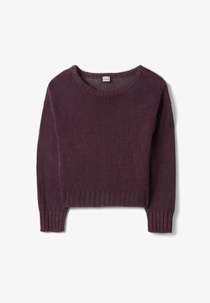 Suéter de manga larga tejido en color púrpura oscuro con cuello redondo y puños y dobladillo acanalados, mostrado sobre un fondo blanco.