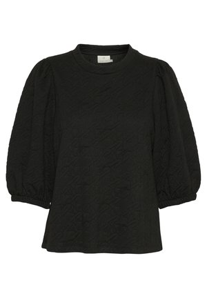 Melna puff-manes piedurkņu blūze ar teksturētu audumu, apaļu kakla izgriezumu un diskrētu ģeometrisku rakstu. Elastīgas aproces un brīva piegriezuma siluets.