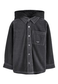 Gray corduroy shirt with a black hood, button front, collar, and a chest pocket featuring a label. Textured fabric with ribbed lines.