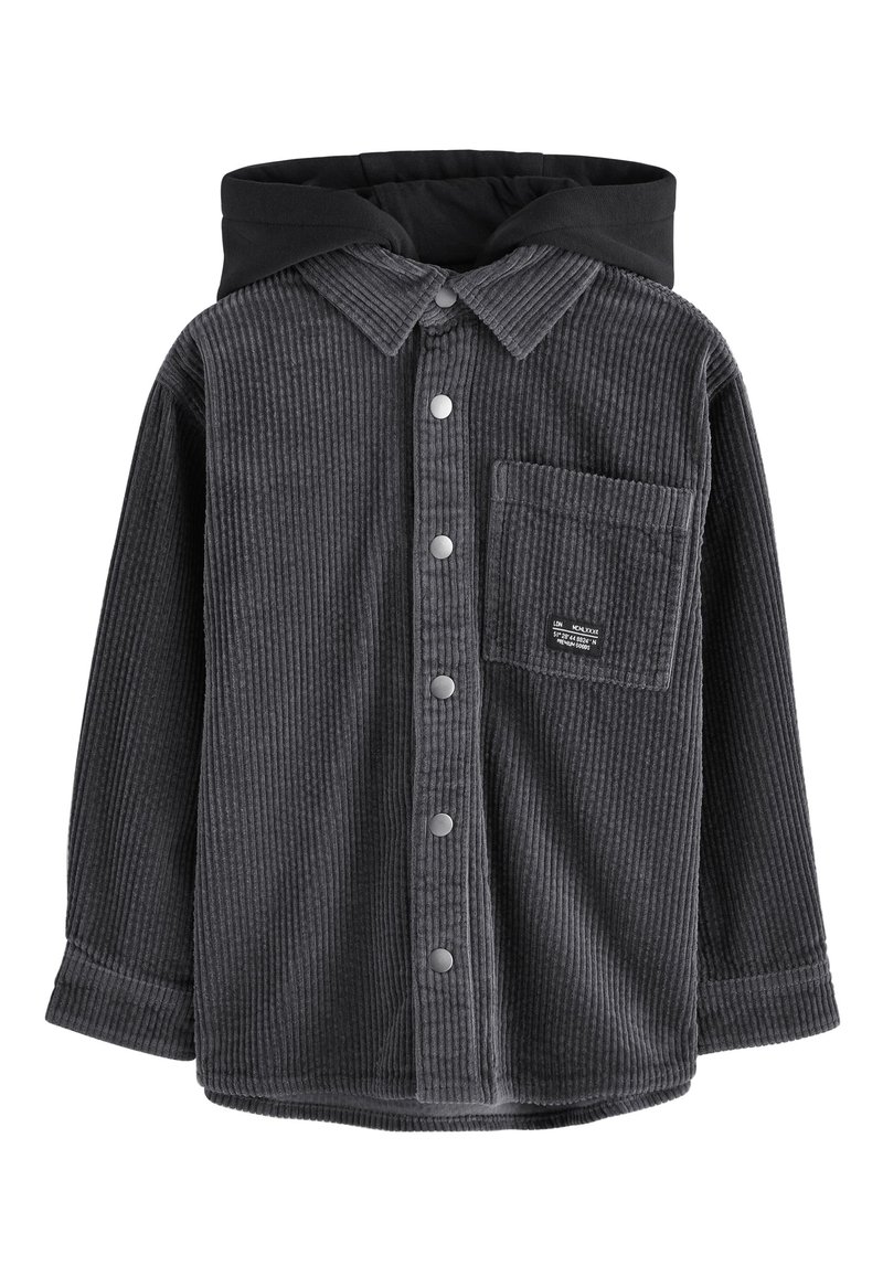 Gray corduroy shirt with a black hood, button front, collar, and a chest pocket featuring a label. Textured fabric with ribbed lines.