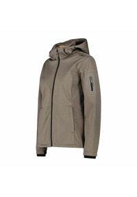 Lichtgrijze softshell jas met een capuchon, voorzien van een rits aan de voorkant, zijzakken en een ritszak op de arm. Elastische manchetten zorgen voor een perfecte pasvorm.