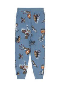 Blauwe katoenen sweatpants met speelse circusdierenpatronen. Ontworpen met een elastische tailleband en ribgebreide manchetten voor comfort.