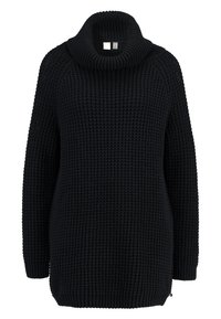 Schwarzer gestrickter Pullover mit hohem, geripptem Kragen, langen Ärmeln und lockerer Passform. Verfügt über ein strukturiertes Muster und seitliche Schlitze.