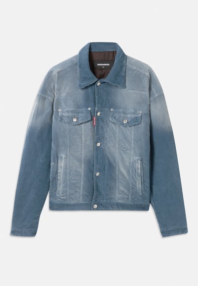 Faded blue corduroy jacket with button closure, two chest flap pockets, side pockets, and a collar, size 48.