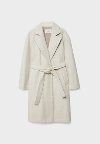 Manteau en laine beige clair longueur genoux avec larges revers, manches longues, poches avant et ceinture nouée à la taille.