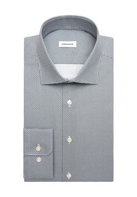 Chemise pliée pour homme avec petit motif géométrique, boutons blancs et col ouvert.